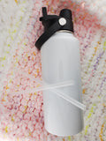 White sublimated Hydro style 32oz tumbler. With a 2-in-1 lid design: 1 side has a straw spout, and the other side is an open chug spout. and 2 clear straws.