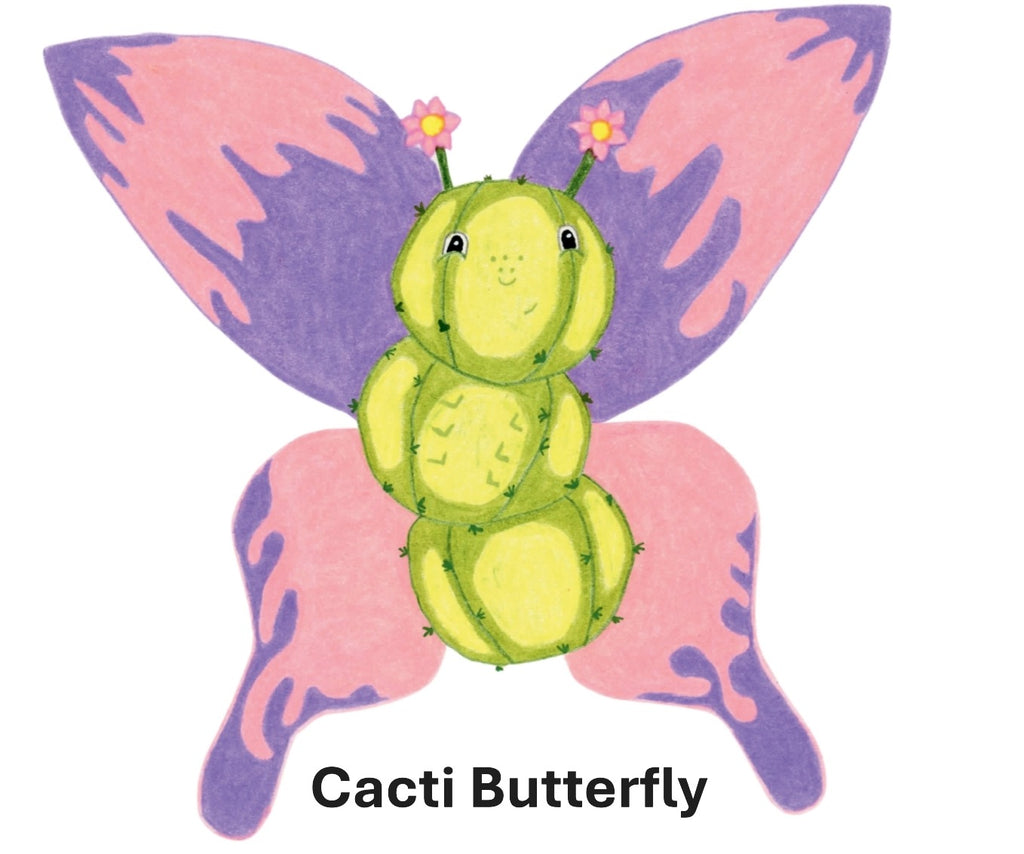 Hand-drawn cartoon cactus butterfly in pink, purple, and green.