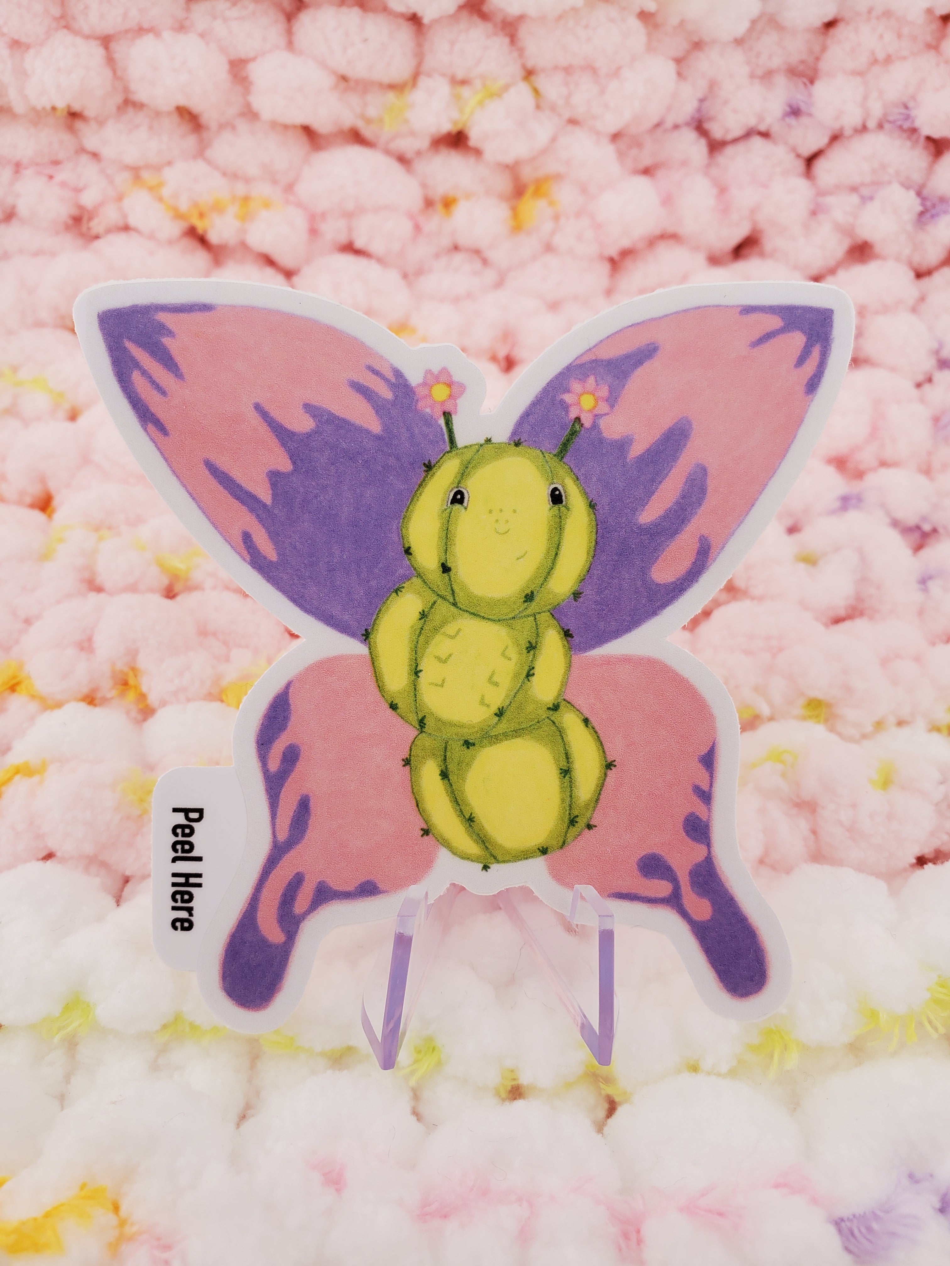 3-inch vinyl butterfly cactus sticker, with pink and purple wings.