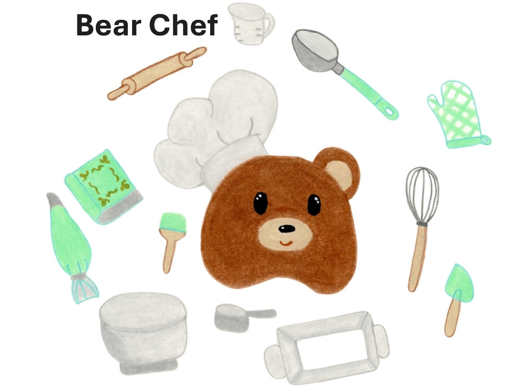 Hand-drawn cartoon brown bear face wearing a chef hat, surrounded by cooking utensils in silver and light green.