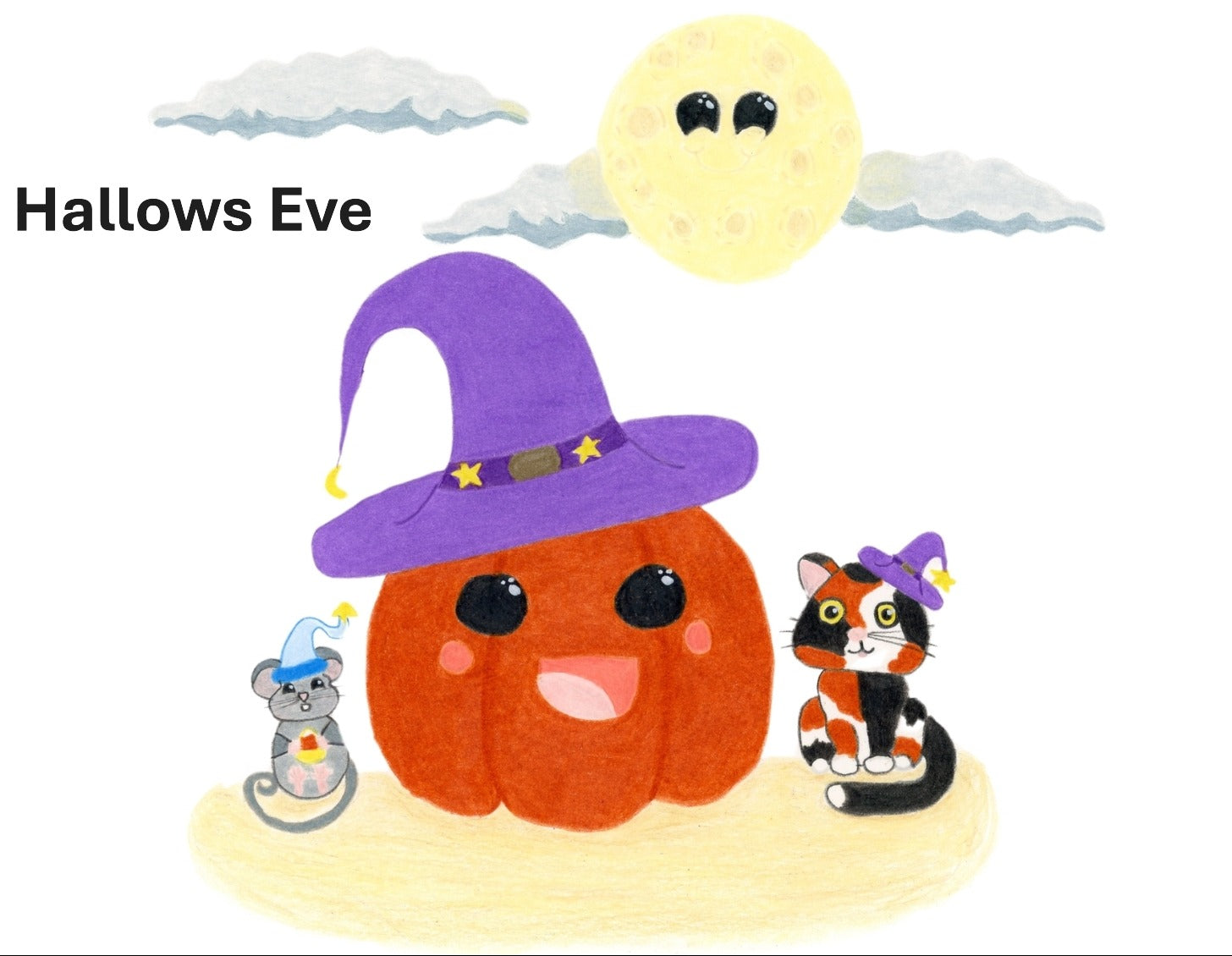 Hand-drawn cartoon witchy jack-o-lantern with a witchy cat and mouse friend, with a big friendly moon looking on.