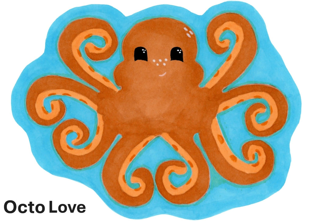 Hand-drawn orange happy cartoon octopus with tentacles in the shape of hearts, surrounded by blue water.