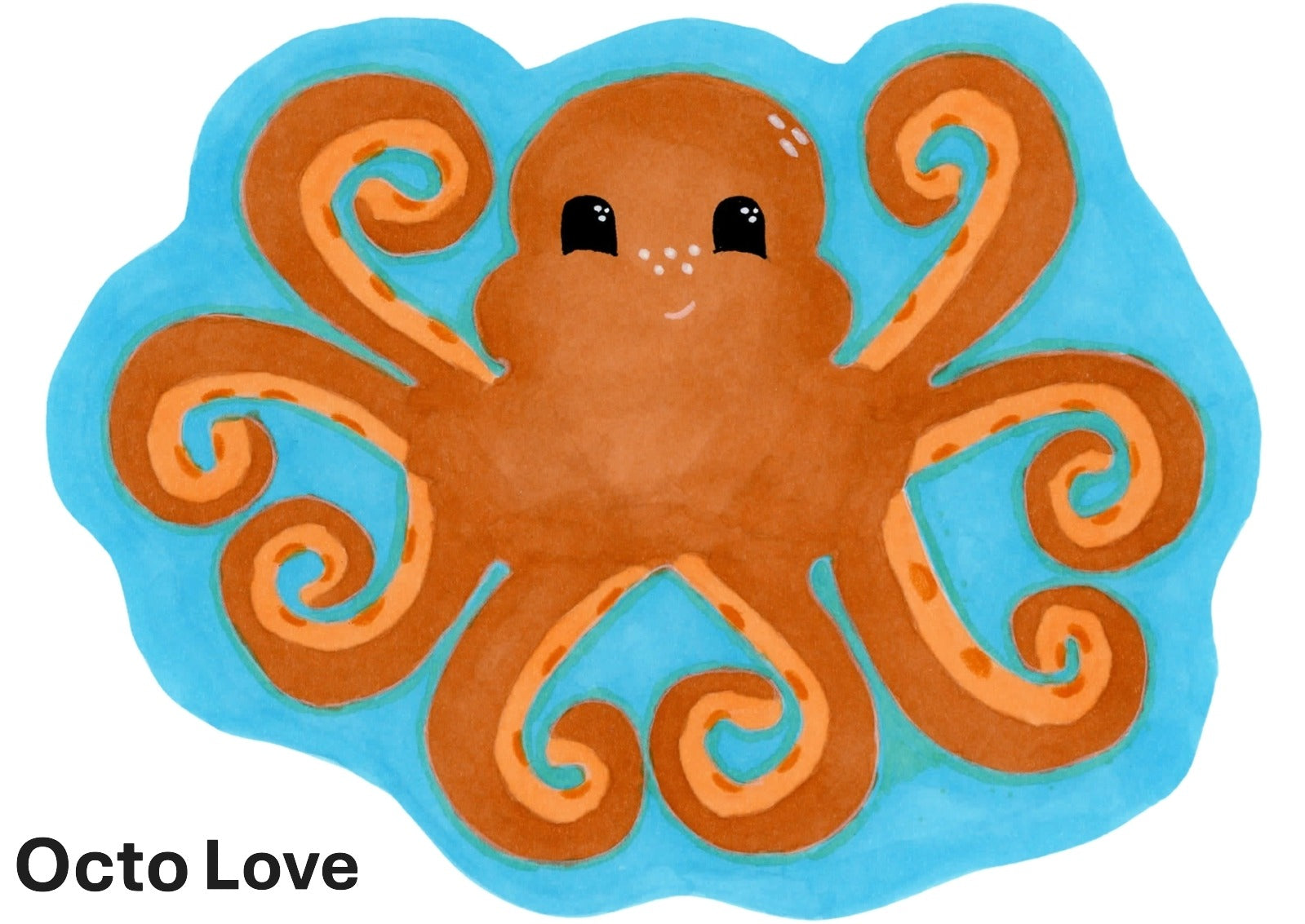 Hand-drawn orange happy cartoon octopus with tentacles in the shape of hearts, surrounded by blue water.