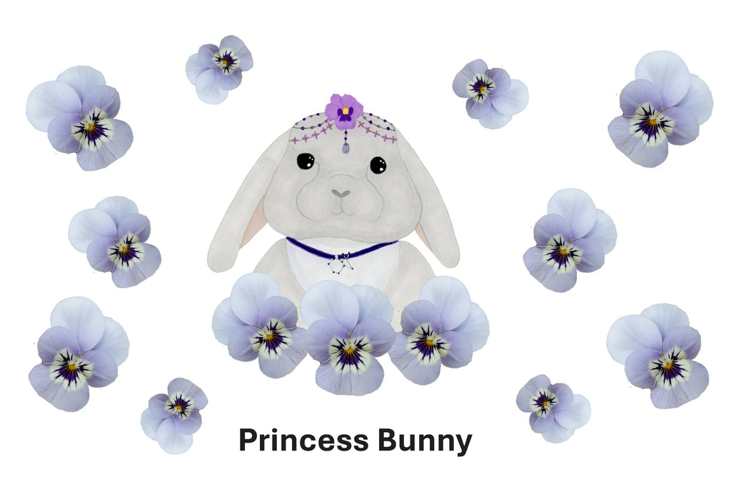 Cartoon gray lop ear bunny, wearing fancy head jewelry and a rabbit constellation necklace, and surrounded by pansies.  