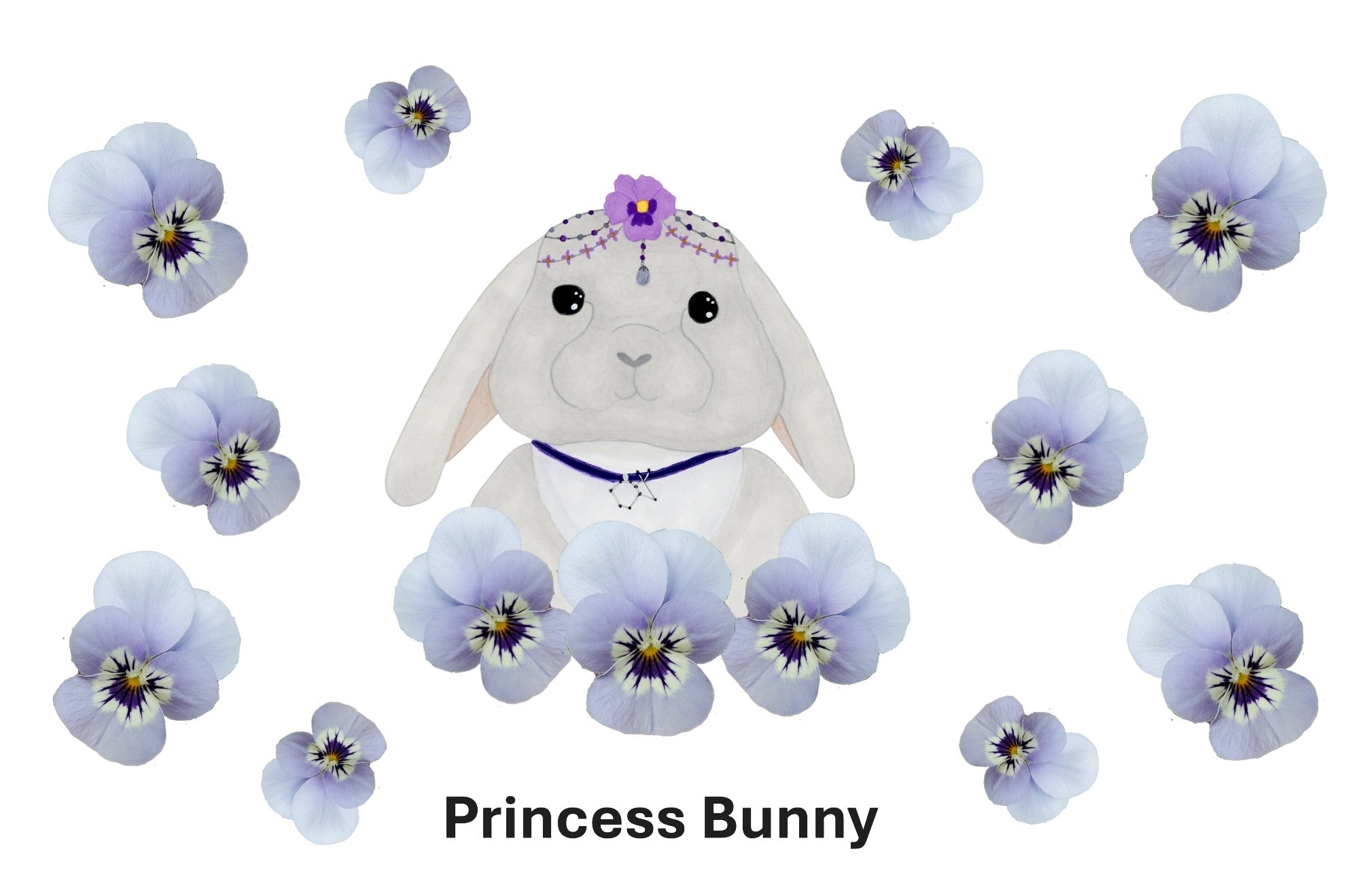 Cartoon gray lop ear bunny, wearing fancy head jewelry and a rabbit constellation necklace, and surrounded by pansies.  