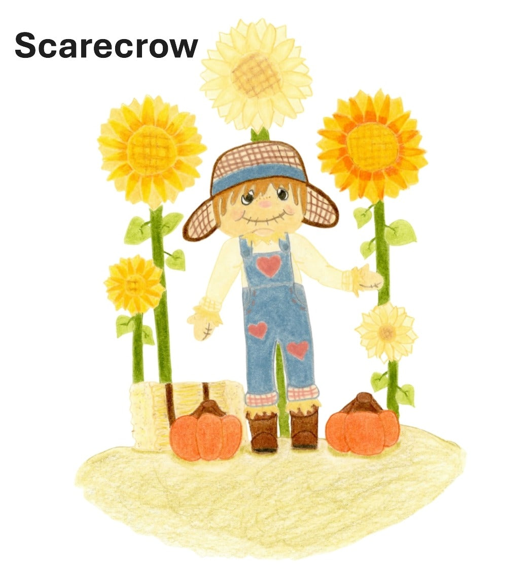 Hand-drawn cartoon scarecrow with pumpkins, sunflowers, and a bale of hay. 